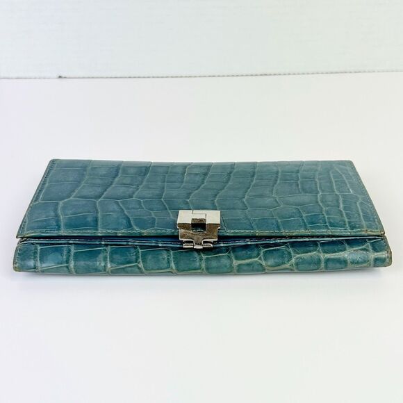 Lambertson Truex Crocodile Leather Exotic Turquoise Blue Foldover Wallet Design - Picture 2 of 16